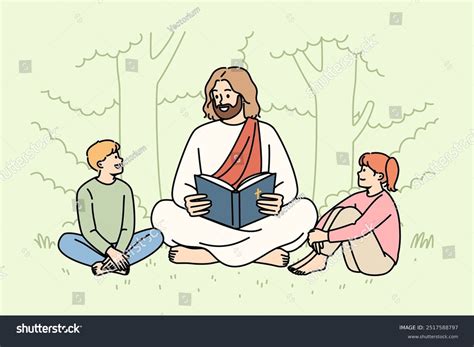 Jesus Christ Reads Bible Little Children Stock Vector (Royalty Free ...