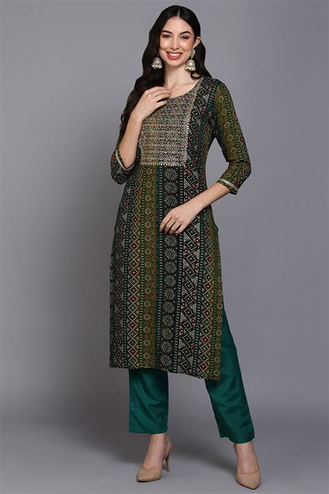 Viscose Rayon Green Bandhani Printed Straight Kurta VCK9274 – Ahika