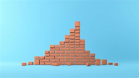 3d render of a partially demolished brick wall against a light blue ...