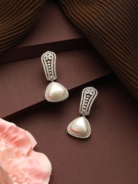 Silver Toned Zircon Studded Triangular Pearl Beaded Handcrafted Bali H ...