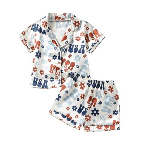 4th of July Toddler Girl Silk Pajamas Short Sleeve Button-Up Shirt ...