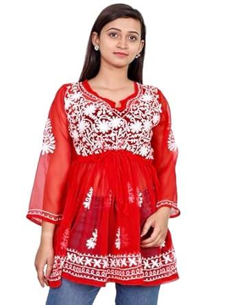 Buy Georgette Chikankari Top Chikan Short Kurta Kashmiri Embriodered ...