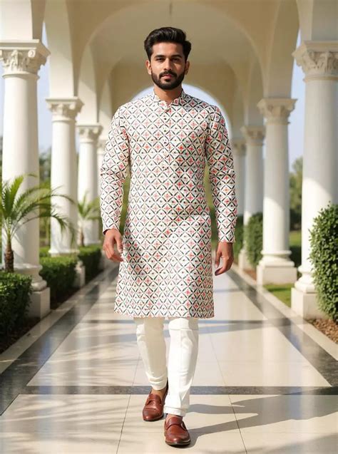 Pink Floral Motifs with Animal Print Giza Cotton Kurta – De Royal Mens ...