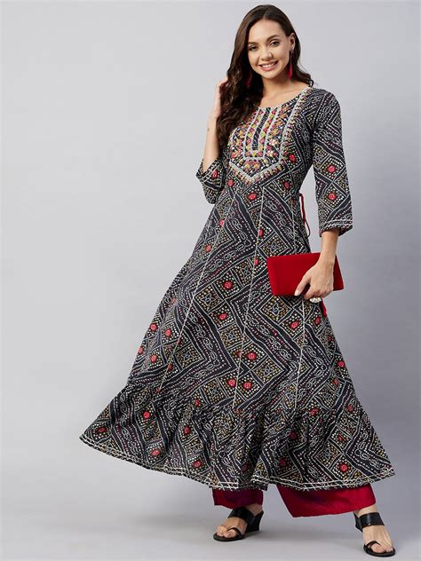 Black Bandhej Mirror Work Anarkali Kurta