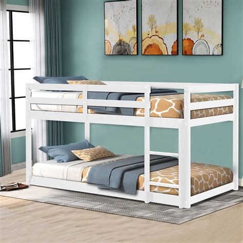 Buy Solid Wood Low Bunk Bed for Kids, Twin Over Twin Floor Bunk Bed ...
