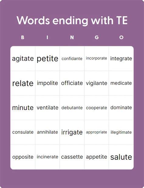 Words Ending With TE - Bingo Card Creator
