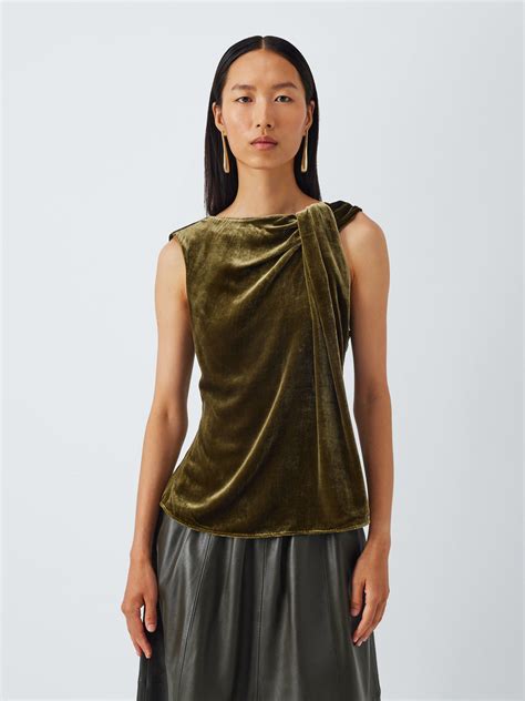 John Lewis Twist Detail Sleeveless Velvet Top, Olive