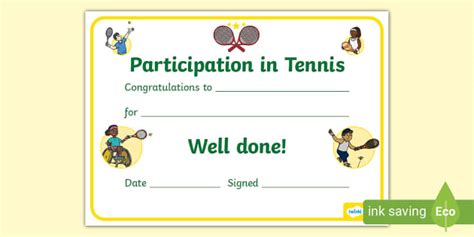 Tennis-Themed Sport Participation Certificate (teacher made)