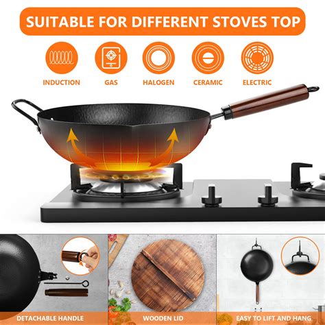 Buy 13'' Carbon Steel Wok Pan with Lid and Spatula, 15Pcs Stir Fry Pans ...