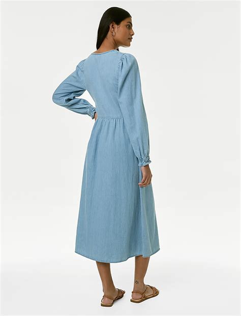 Buy Denim V-Neck Puff Sleeve Midi Column Dress at Marks & Spencer