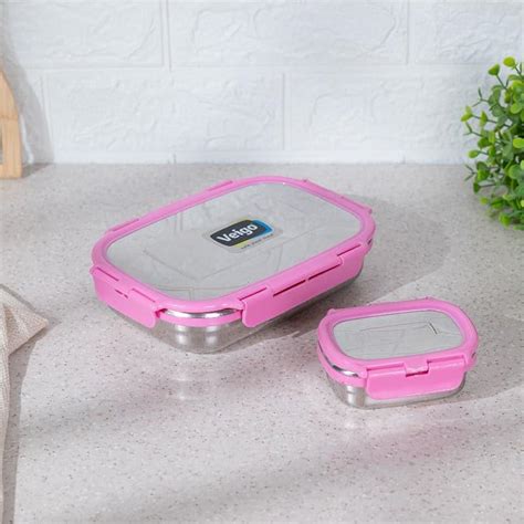 Buy Vidora Pink Stainless Steel Lunch Box (950/180 ML) - Two Piece Set ...