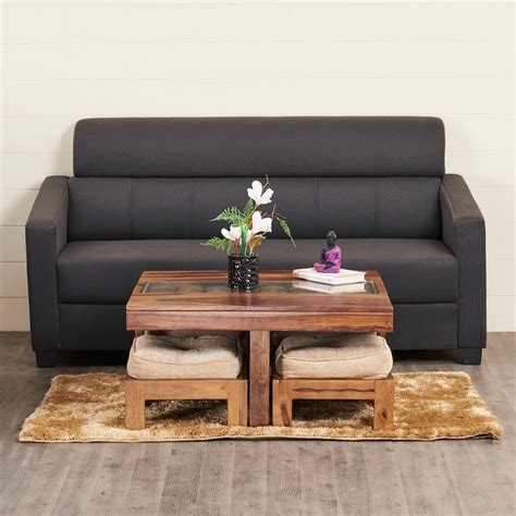 Buy Helios Huddel Sheesham Wood Coffee Table with Stools - Brown from ...