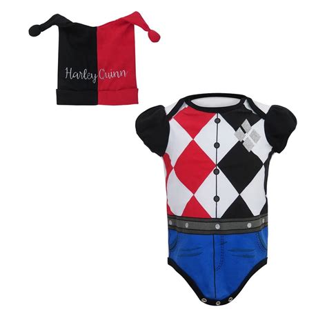 DC Comics Harley Quinn Newborn Baby Girls Costume Bodysuit and Hat Set ...