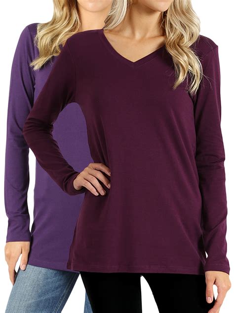Women Casual Basic Cotton Loose Fit V-Neck Long Sleeve T-Shirt Top ...