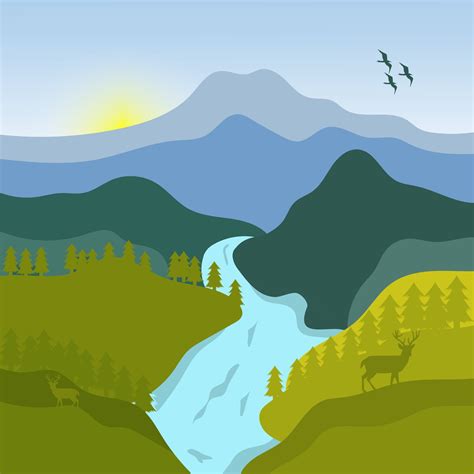 illustration design of cartoon mountain scenery in the morning with a flowing river. flat ...