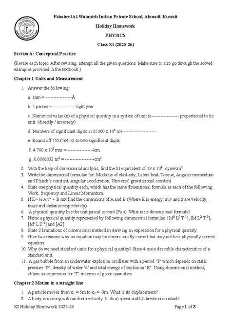 Class XI Holiday Homework 2025-26: Physics Concepts & Practice - Studocu