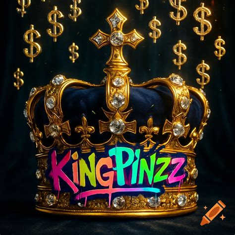 A detailed gold crown adorned with jewels and the word KINGPINZZ in ...