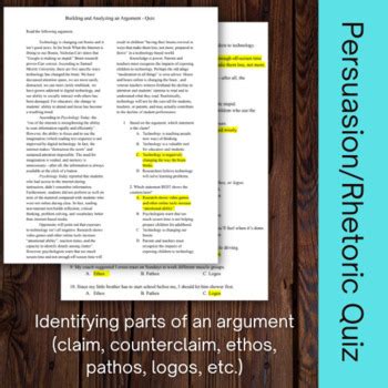 Persuasion Quiz (Claim, Counterclaim, ethos, pathos, logos) by HS Word Nerd