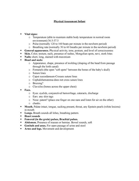 Physical Assessment Infant - o Pulse (normally 120 to 160 beats per ...