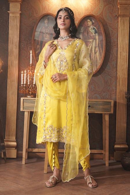 Buy Yellow Organza, Modal, Floret Embroidered Ombre Dyed Kurta And ...