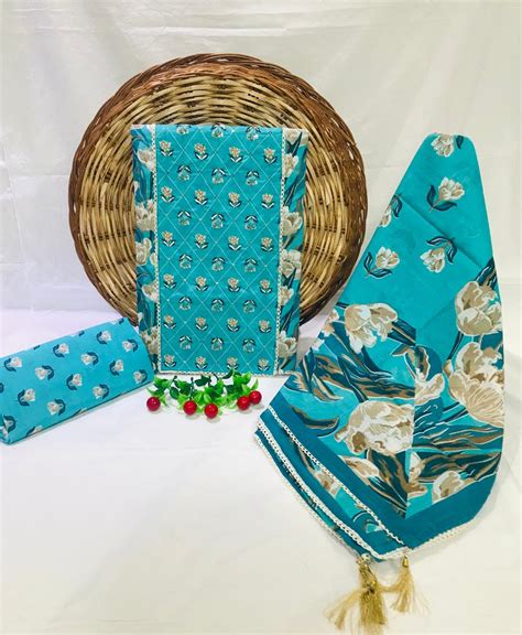 SANGANERI PRINT COTTON SUIT MATERIAL WITH COTTON DUPATTA HAND WORK (GO