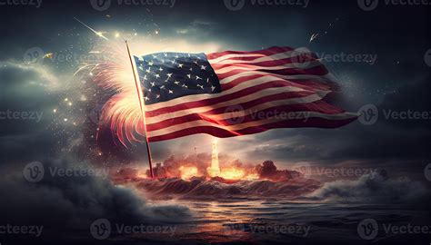 american flag waving in the air with fireworks and night scene view ...
