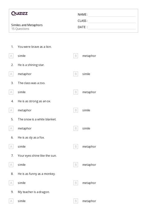 50+ Metaphors worksheets for 3rd Class on Quizizz | Free & Printable