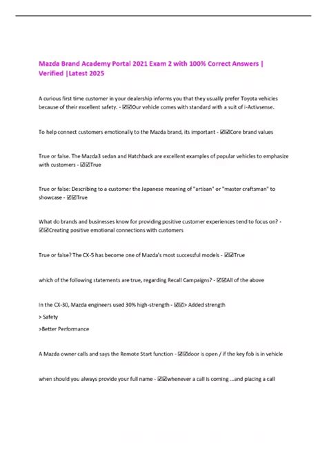 Mazda Brand Academy Portal 2021 Exam 2 with 100% Correct Answers ...