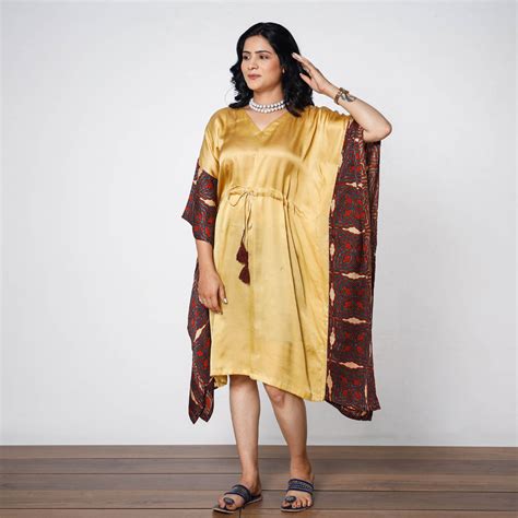Yellow Modal Silk Ajrakh Block Printed Knee Length Kaftan Dress