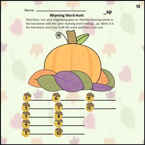 Fall Themed Sight/ Rhyme Words Magnifying Worksheet K-2nd Grade | 15 Pages
