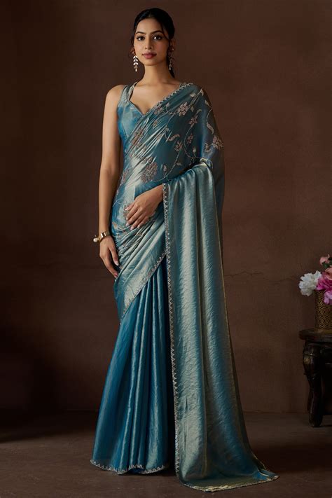 Buy Blue Grey Stone Work Satin Silk Saree Online | Saree Buta | ZB134203