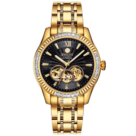 BINLUN Men's Automatic Gold Watches 18K Gold Plated Diamond Mechanical ...
