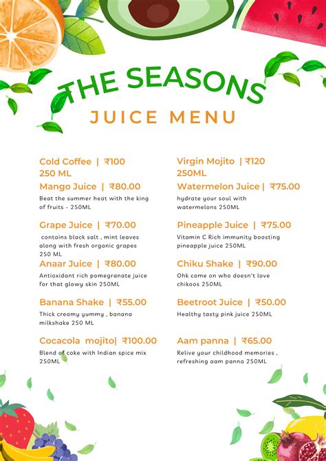 Menu of The Seasons, Airport Road, Indore