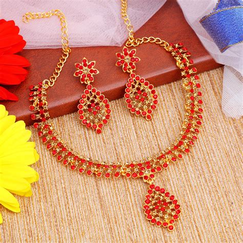 Sukkhi Attractive LCT and Red Stone Gold Plated Necklace Set Combo for ...