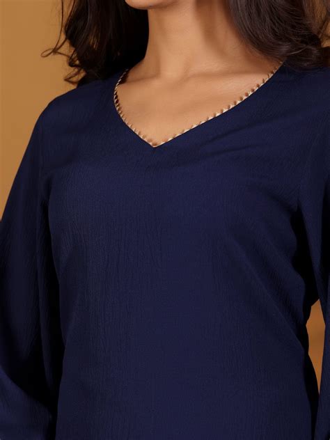 Varanga Women Navy Blue Solid V-Neck Embellished With Gota Straight ...