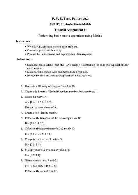 F.Y.B.Tech. 2023 2300117H: MATLAB Assignment 1 - Basic Matrix Ops - Studocu
