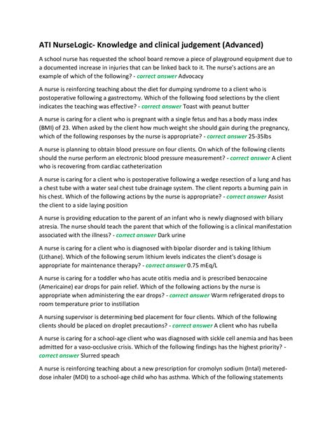 ATI NurseLogic- Knowledge and clinical judgement (Advanced) | Exams ...