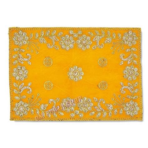 Yellow Colour Velvet Puja Aasan With Golden Embroidered