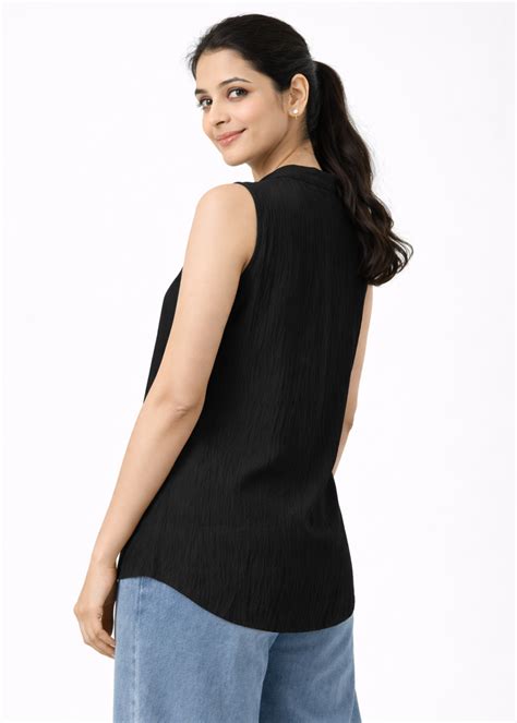 Black Textured Mandarin Collar Workwear Top for Women | Flurr