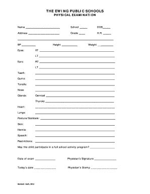 Fillable Online Physical Exam Form - Ewing Township Public Schools Fax ...