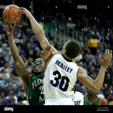 Kansas State forward Michael Beasley (30) blocks a shot by Florida A&M ...