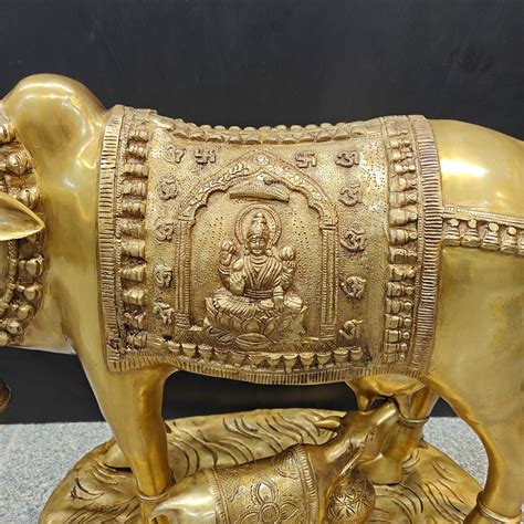 Brass Large Cow With Calf Lakshmi Ganesha Engraved 26 Inch – StatueStudio
