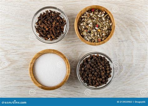 Salt, Condiment in Bamboo Bowls, Clove Spice and Peppercorn in Bowls on ...