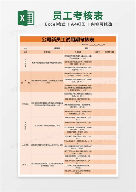 橙色简约公司新员工试用期考核表EXCEL模版模板下载_员工_图客巴巴