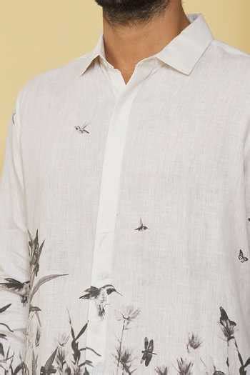 Buy White Linen Embroidery Floral Print Shirt For Men by Mr. Ajay Kumar ...