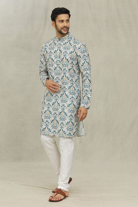 Buy Blue Jacquard Printed Botanical Jaal Kurta For Men by Arihant Rai ...