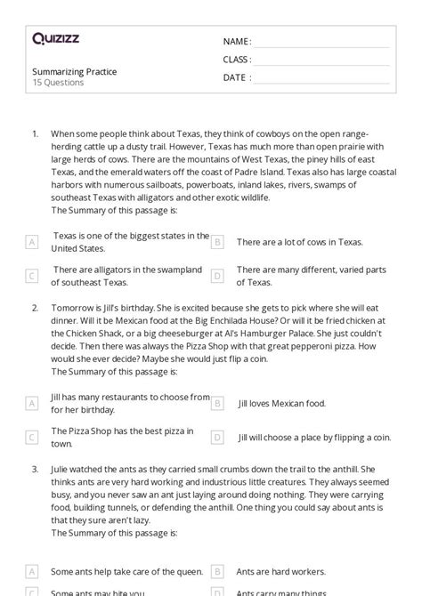 50+ Summarizing worksheets for 4th Class on Quizizz | Free & Printable
