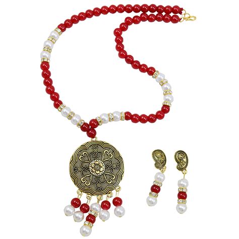 Red & White Beads Antique Pendant Designer Necklace & Earrings ...