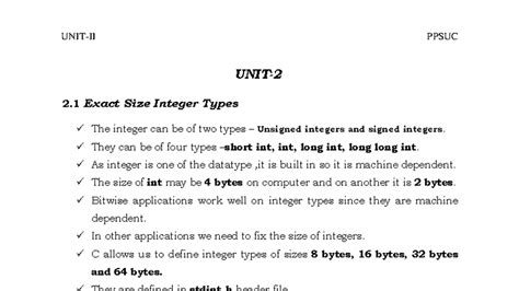 PPSUC UNIT-II: Exact Size Integer Types & Control Statements in C - Studocu