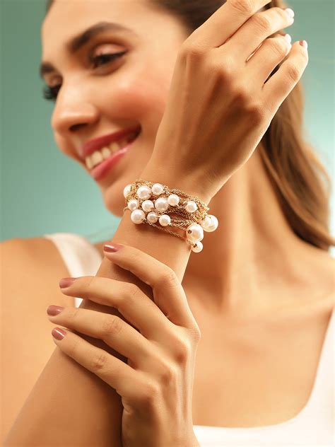 Pearl Beaded Multi Layered Chain Pattern Gold Plated Bracelet – Priyaasi